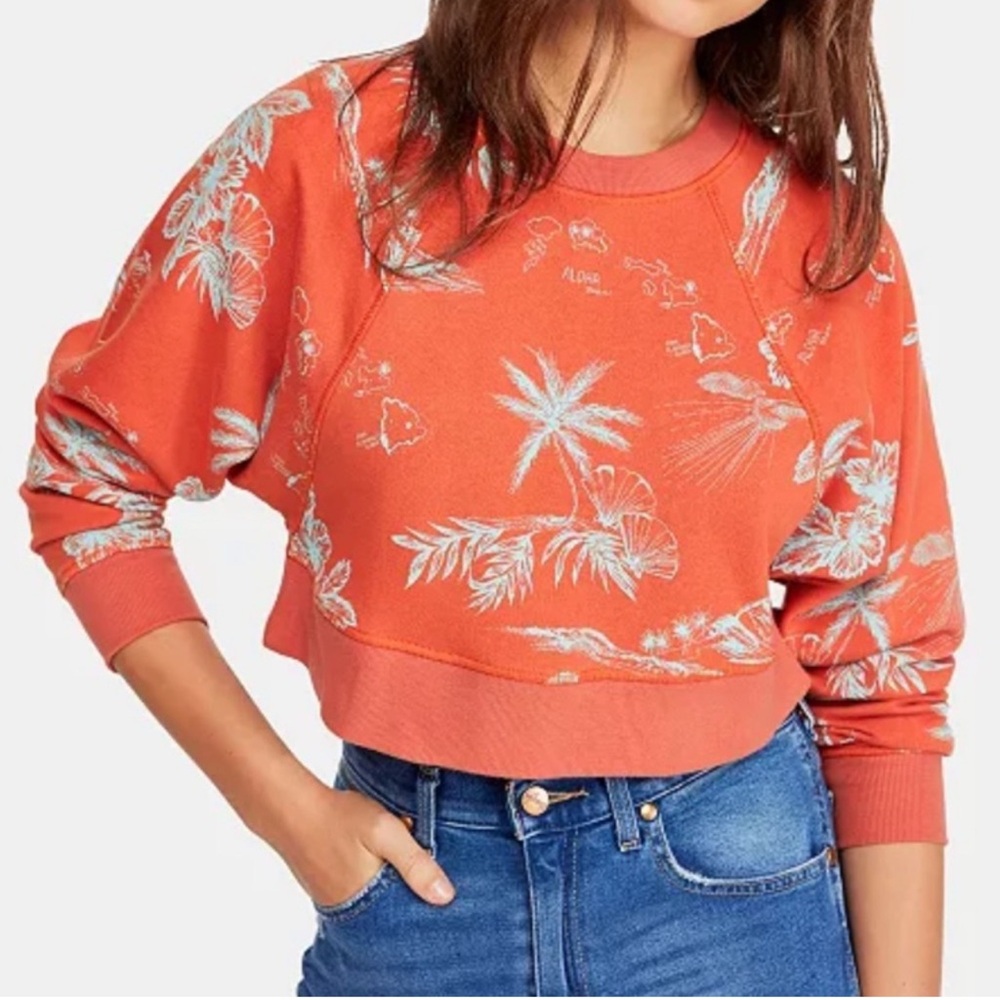 Free People Orange Floral Cropped Sweatshirt Sz M